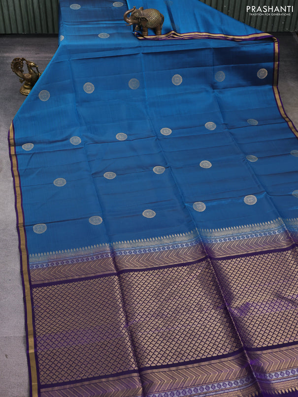 Kanchipuram soft silk saree peacock green and violet with zari woven buttas and zari woven border