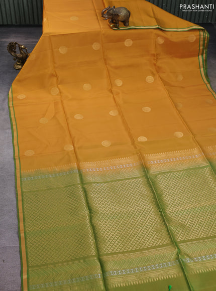 Kanchipuram soft silk saree yellow and green with zari woven buttas and zari woven border