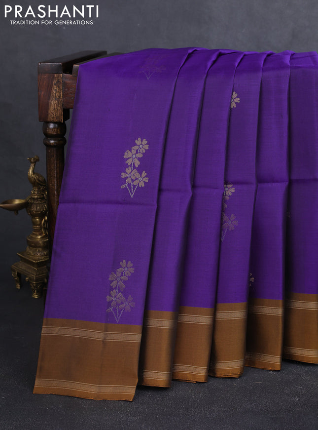 Kanchipuram soft silk saree violet and dark mustard with zari woven buttas and rettapet zari woven border
