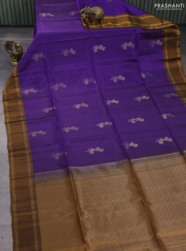 Kanchipuram soft silk saree violet and dark mustard with zari woven buttas and rettapet zari woven border