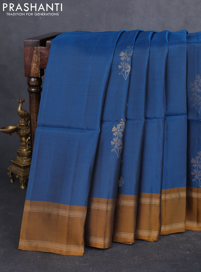 Kanchipuram soft silk saree peacock green and dark mustard with zari woven buttas and rettapet zari woven border