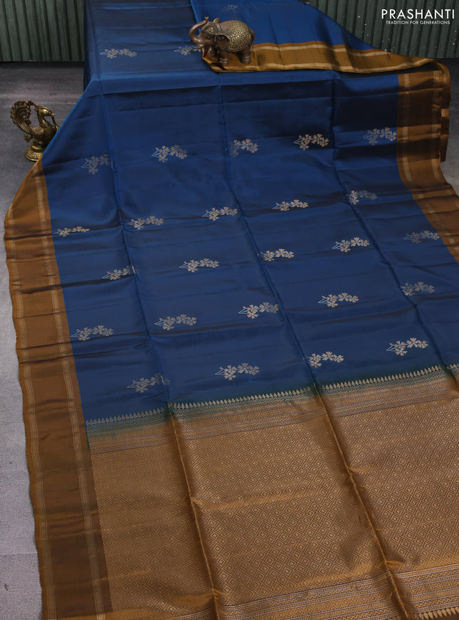 Kanchipuram soft silk saree peacock green and dark mustard with zari woven buttas and rettapet zari woven border