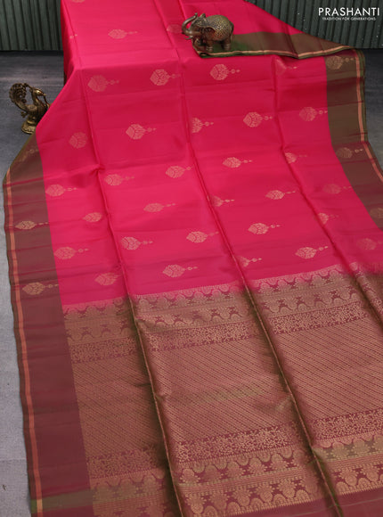 Kanchipuram soft silk saree pink and green with zari woven buttas and simple zari woven butta border