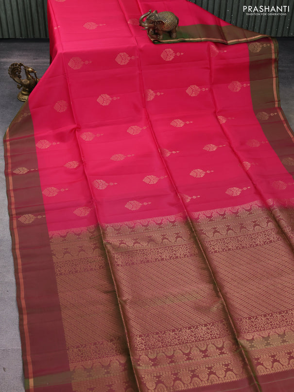 Kanchipuram soft silk saree pink and green with zari woven buttas and simple zari woven butta border