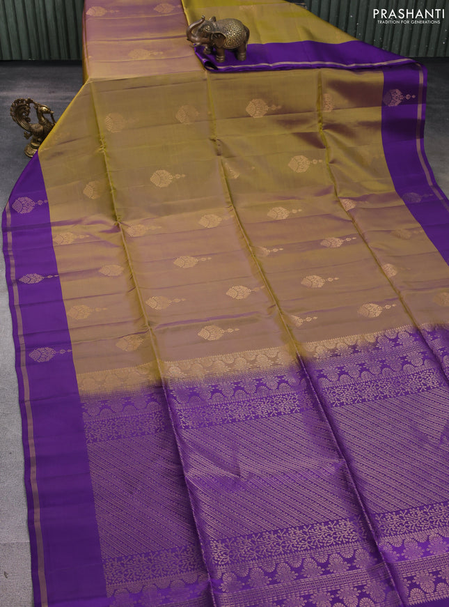Kanchipuram soft silk saree dark mehendi green and violet with zari woven buttas and simple zari woven butta border
