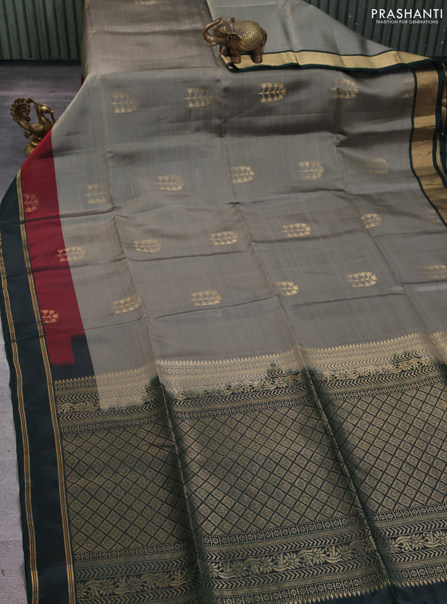 Kanchipuram soft silk saree pastel green and bottle green with zari woven buttas and rettapet zari woven border