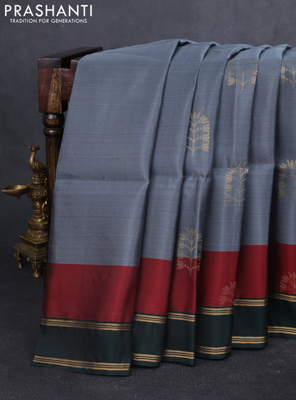 Kanchipuram soft silk saree grey and green with zari woven buttas and rettapet zari woven border