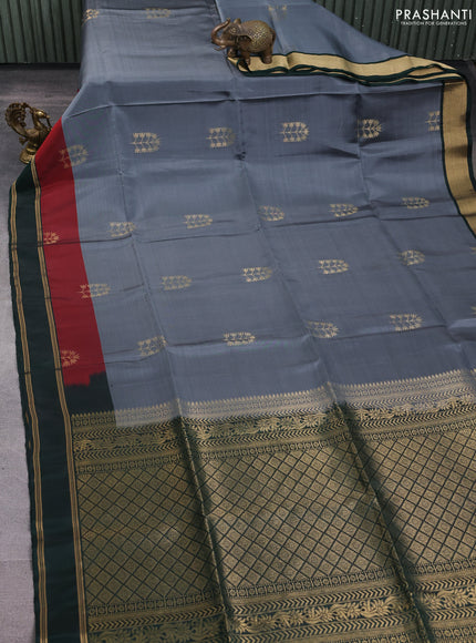 Kanchipuram soft silk saree grey and green with zari woven buttas and rettapet zari woven border