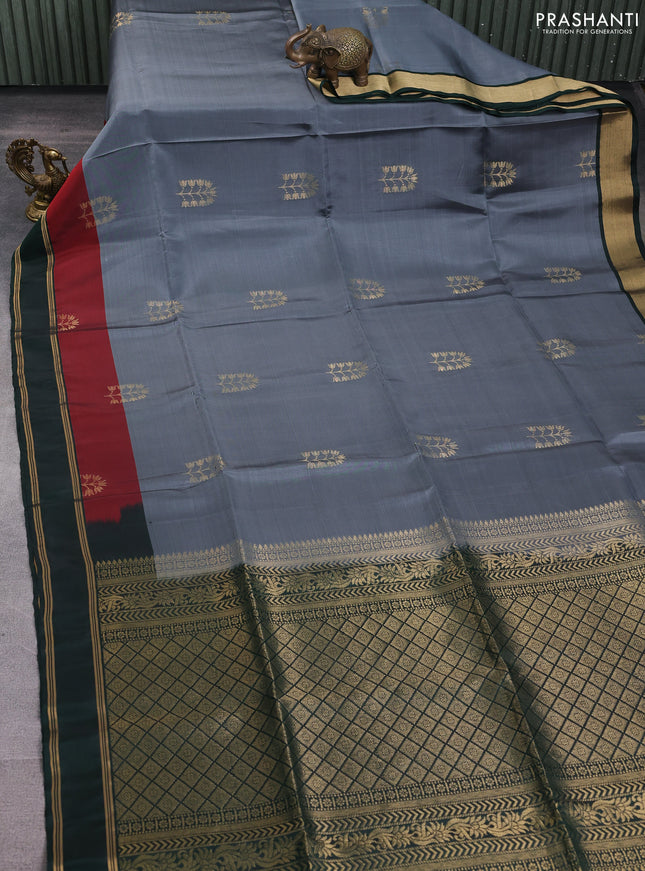 Kanchipuram soft silk saree grey and green with zari woven buttas and rettapet zari woven border