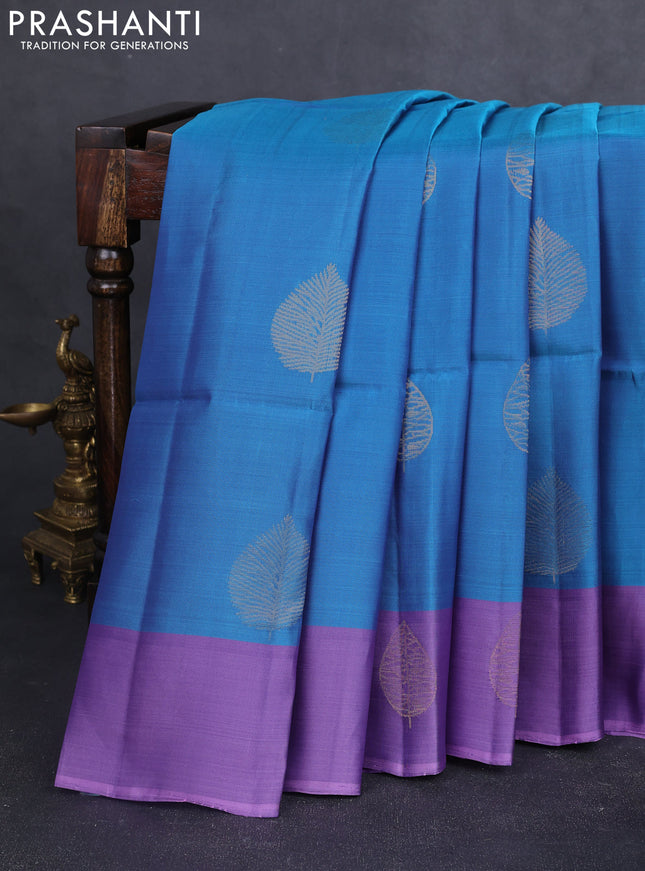 Kanchipuram soft silk saree dual shade of blue and lavender with zari woven buttas and zari woven butta border