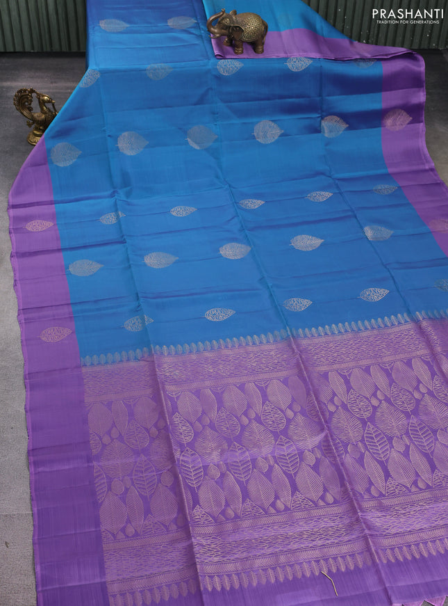 Kanchipuram soft silk saree dual shade of blue and lavender with zari woven buttas and zari woven butta border