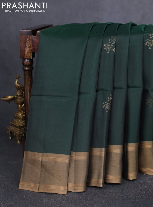 Kanchipuram soft silk saree bottle green and chikku shade with zari woven buttas and rettapet zari woven border