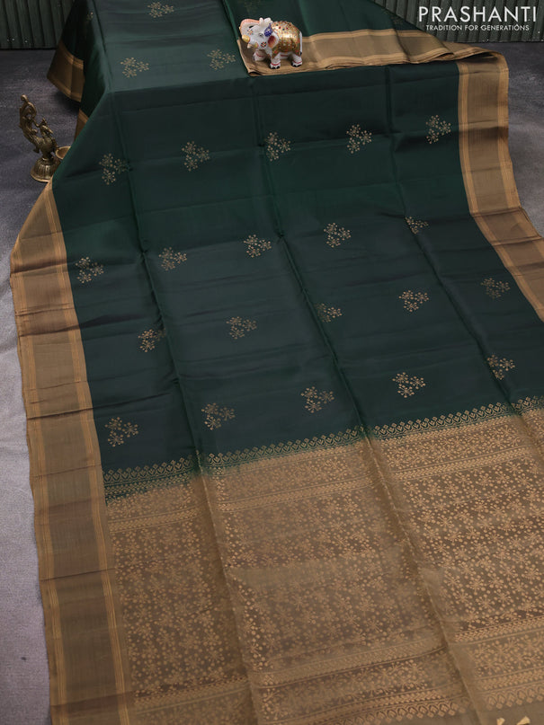Kanchipuram soft silk saree bottle green and chikku shade with zari woven buttas and rettapet zari woven border