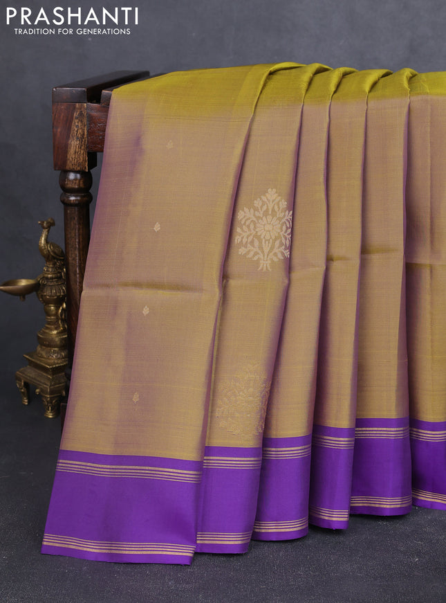 Kanchipuram soft silk saree mehendi green and violet with zari woven buttas and rettapet zari woven border