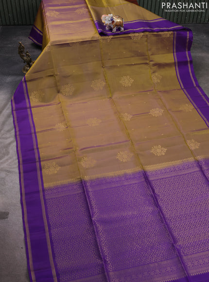 Kanchipuram soft silk saree mehendi green and violet with zari woven buttas and rettapet zari woven border