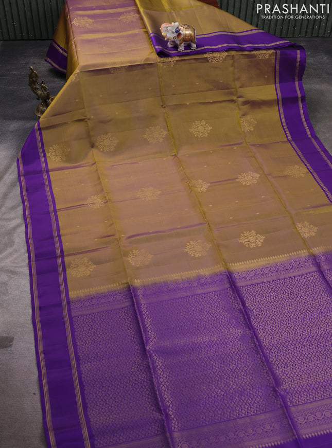 Kanchipuram soft silk saree mehendi green and violet with zari woven buttas and rettapet zari woven border
