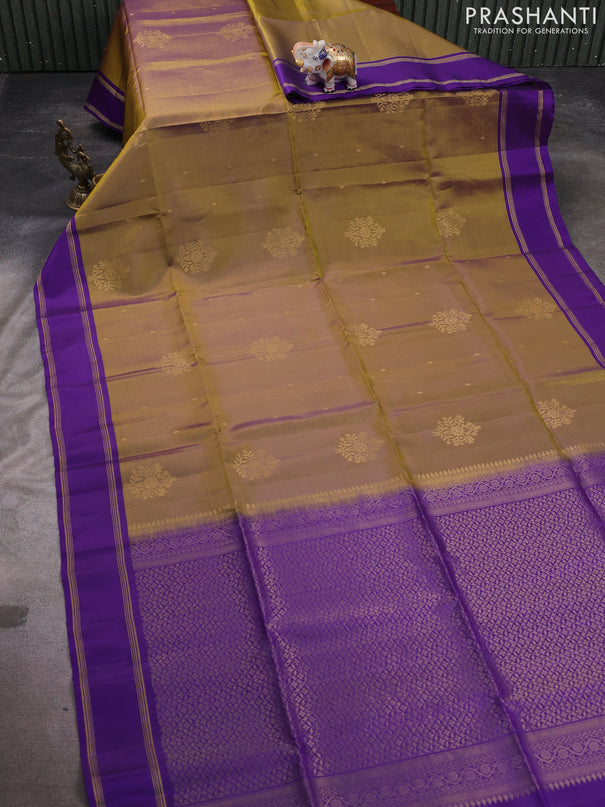 Kanchipuram soft silk saree mehendi green and violet with zari woven buttas and rettapet zari woven border