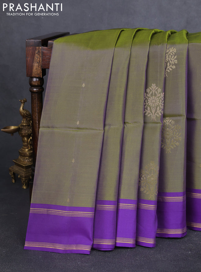 Kanchipuram soft silk saree green shade and violet with zari woven buttas and rettapet zari woven border