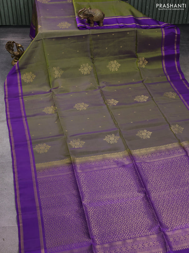 Kanchipuram soft silk saree green shade and violet with zari woven buttas and rettapet zari woven border