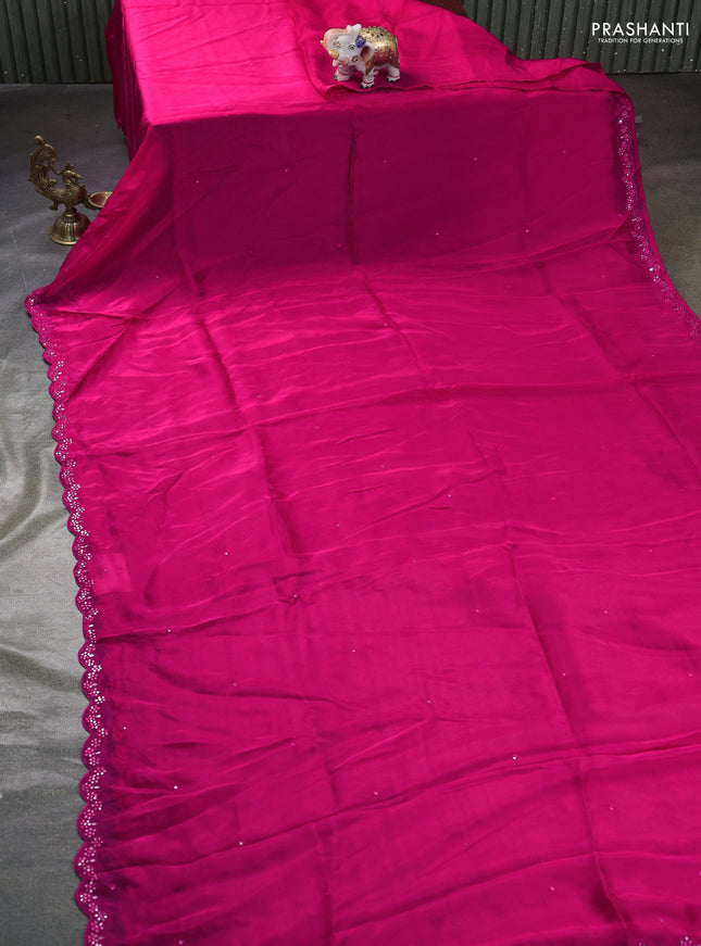 Satin organza silk saree pink and blue with mirror embroidery work and ajrakh printed blouse