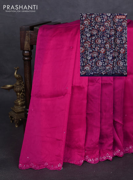 Satin organza silk saree pink and blue with mirror embroidery work and ajrakh printed blouse