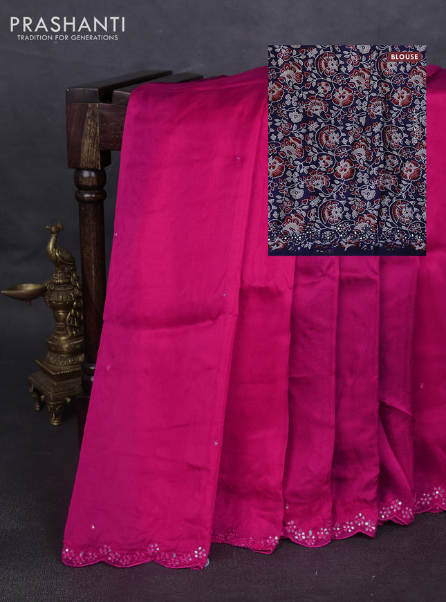 Satin organza silk saree pink and blue with mirror embroidery work and ajrakh printed blouse