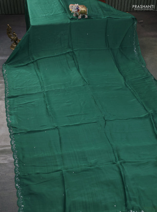 Satin organza silk saree green and mustard yellow with mirror embroidery work and ajrakh printed blouse