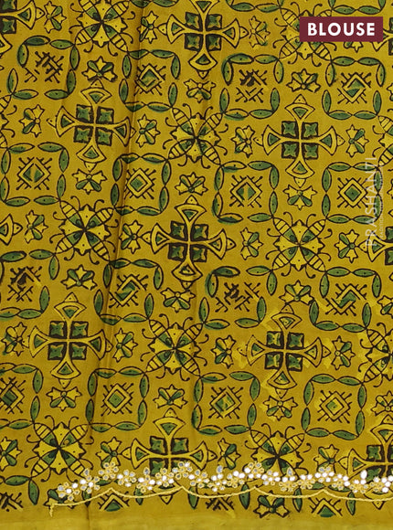 Satin organza silk saree green and mustard yellow with mirror embroidery work and ajrakh printed blouse