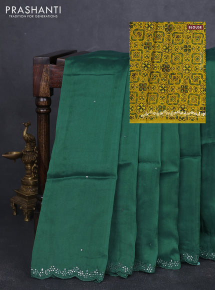 Satin organza silk saree green and mustard yellow with mirror embroidery work and ajrakh printed blouse