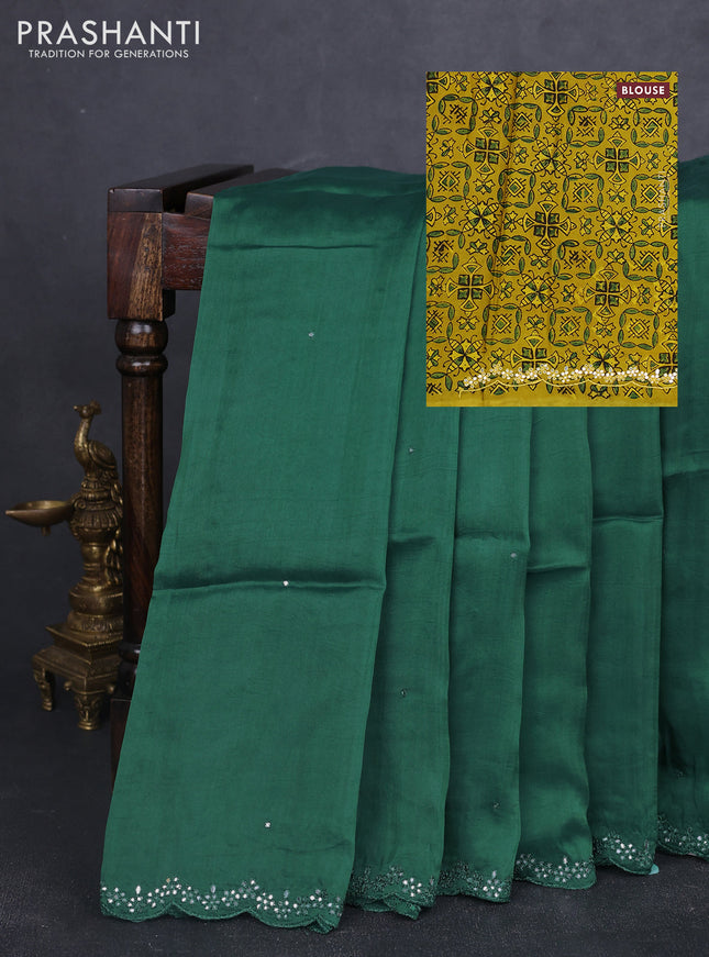 Satin organza silk saree green and mustard yellow with mirror embroidery work and ajrakh printed blouse