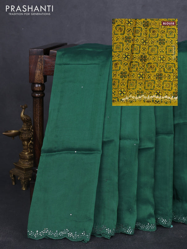 Satin organza silk saree green and mustard yellow with mirror embroidery work and ajrakh printed blouse