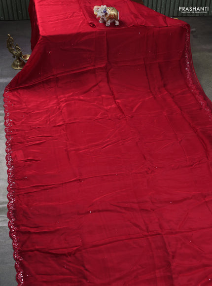 Satin organza silk saree red and indigo blue with mirror embroidery work and ajrakh printed blouse