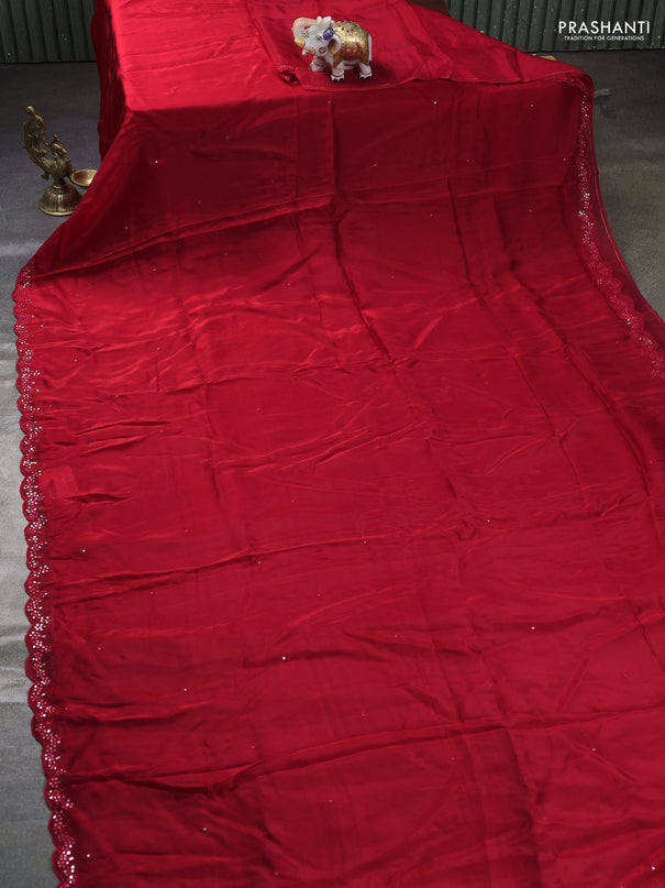 Satin organza silk saree red and indigo blue with mirror embroidery work and ajrakh printed blouse