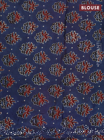 Satin organza silk saree red and indigo blue with mirror embroidery work and ajrakh printed blouse