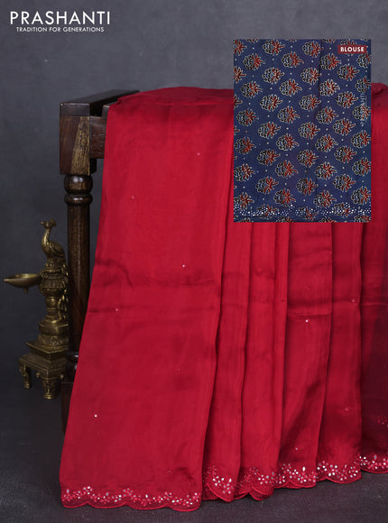 Satin organza silk saree red and indigo blue with mirror embroidery work and ajrakh printed blouse