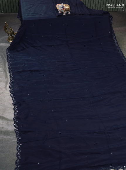 Satin organza silk saree navy bluw and beige with mirror embroidery work and ajrakh printed blouse
