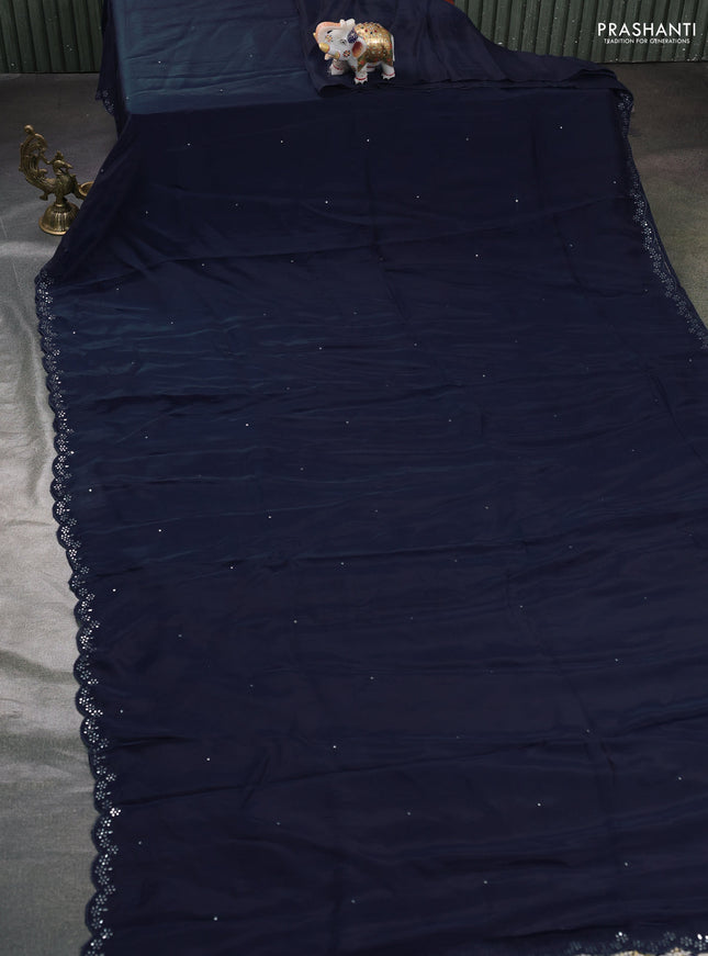 Satin organza silk saree navy bluw and beige with mirror embroidery work and ajrakh printed blouse