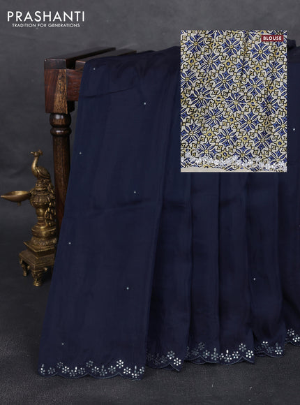 Satin organza silk saree navy bluw and beige with mirror embroidery work and ajrakh printed blouse