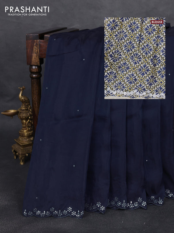 Satin organza silk saree navy bluw and beige with mirror embroidery work and ajrakh printed blouse