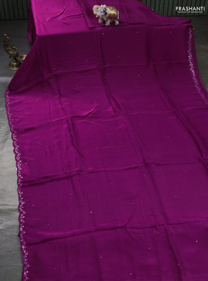 Satin organza silk saree purple and black with mirror embroidery work and ajrakh printed blouse