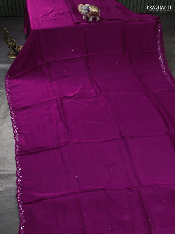 Satin organza silk saree purple and black with mirror embroidery work and ajrakh printed blouse