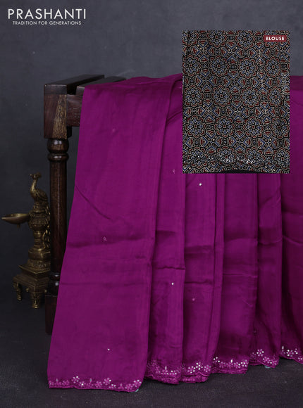 Satin organza silk saree purple and black with mirror embroidery work and ajrakh printed blouse