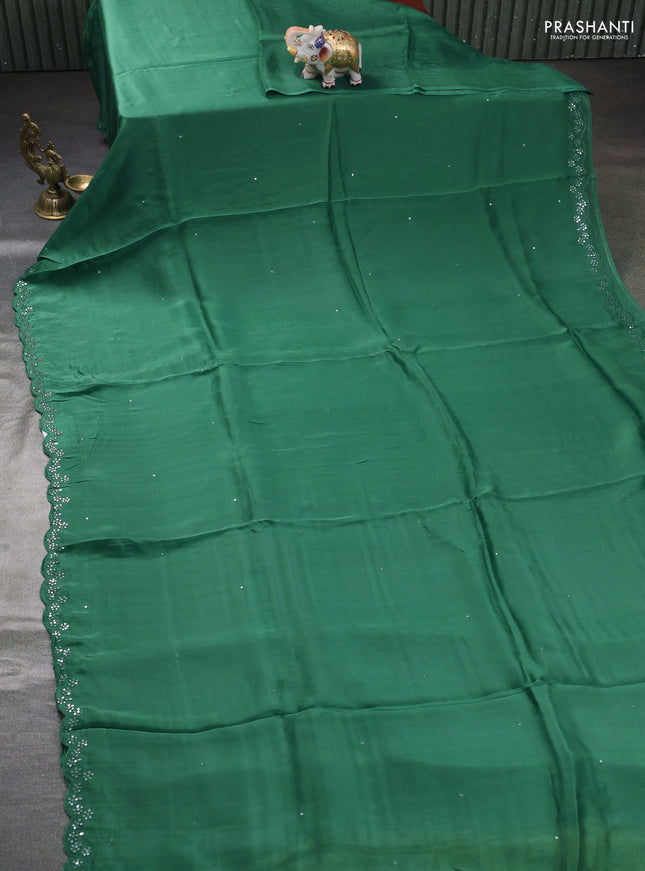 Satin organza silk saree green and mustard yellow with mirror embroidery work and ajrakh printed blouse