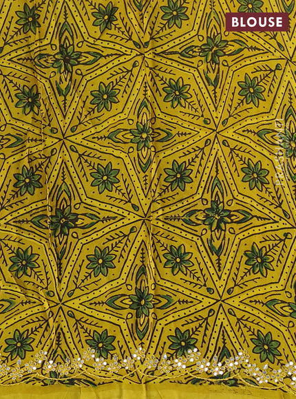 Satin organza silk saree green and mustard yellow with mirror embroidery work and ajrakh printed blouse