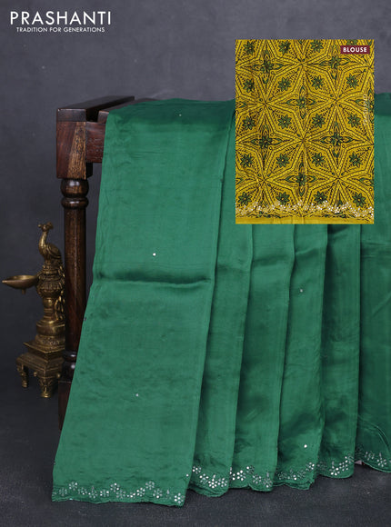 Satin organza silk saree green and mustard yellow with mirror embroidery work and ajrakh printed blouse