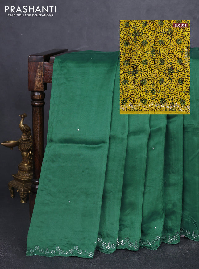 Satin organza silk saree green and mustard yellow with mirror embroidery work and ajrakh printed blouse