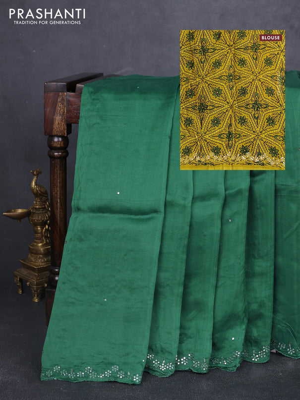 Satin organza silk saree green and mustard yellow with mirror embroidery work and ajrakh printed blouse