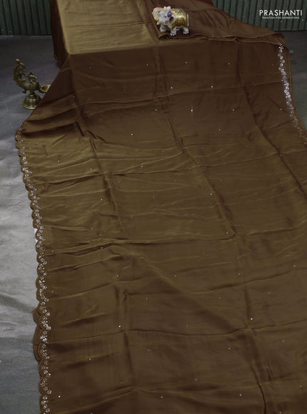 Satin organza silk saree brown and indigo blue with mirror embroidery work and ajrakh printed blouse