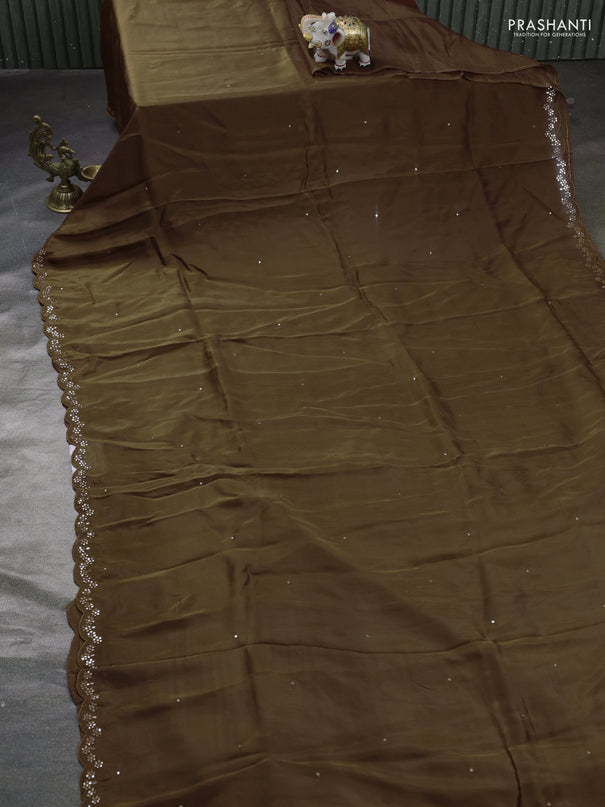Satin organza silk saree brown and indigo blue with mirror embroidery work and ajrakh printed blouse