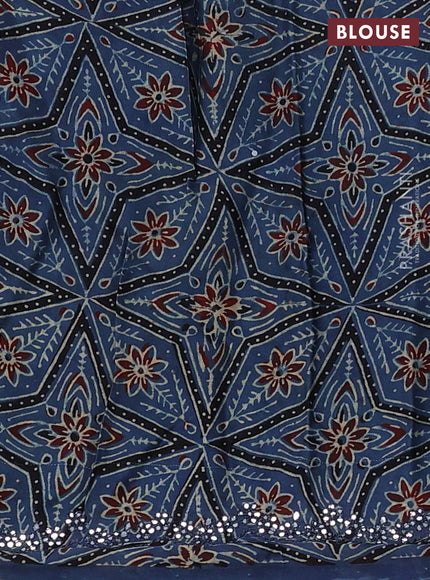 Satin organza silk saree brown and indigo blue with mirror embroidery work and ajrakh printed blouse